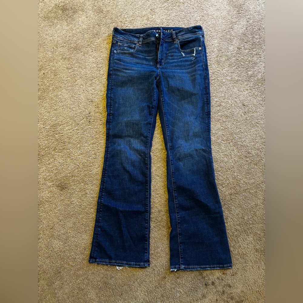 American Eagle Outfitters Dark Blue Flare Jeans Distressed Kick Boot 14 Long